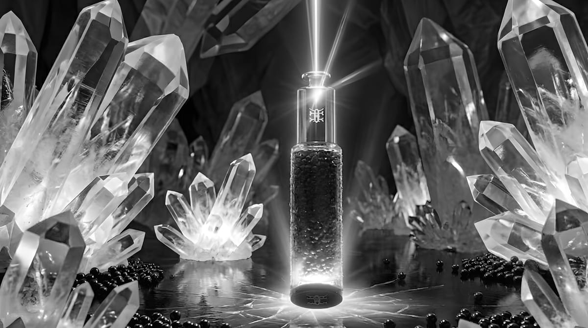C12 Caviar Serum — crna staklena bočica sa pipetom, ispunjena biserima kavijara, u kristalnoj pećini